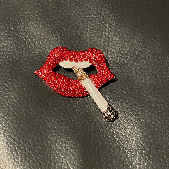 Fashion Jewelry Jewelry - Red Crystal Lips Brooch with White Enamel Cigarette